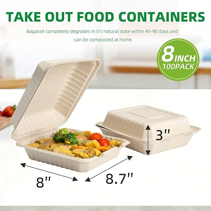[8”X8” 100-Pack Compostable Clamshell Take Out Food Containers with Lid, Disposable Heavy-Duty To Go Containers Lunch Box, Eco-Friendly Biodegradable Bagasse To Go Boxes for Restaurant,Party