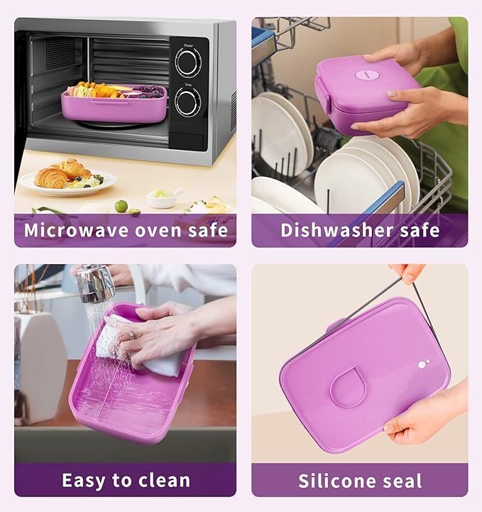 Bento Lunch Box with Kids/Adults, 5 Compartments Leakproof Lunch Container with Dressing Cup, Eco-Friendly Double Insulated Boxes, Dishwasher and Microwave Safe, BPA-Free (purple)