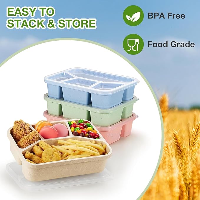 4 Pack Bento Lunch Box, 4 Compartment Wheat Straw Meal Prep Containers for Kids/Toddle/Adults, BPA Free Reusable Food Snack Storage Containers, Durable Bento Box for School, Work and Travel