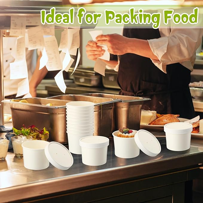 Fulmoon 100 Pack Paper Soup Containers with Lids Disposable Paper Food Containers with Vented Lids Kraft Ice Cream Bowls Soup Cup Ice Cream Cups for Restaurants(12 oz,White)