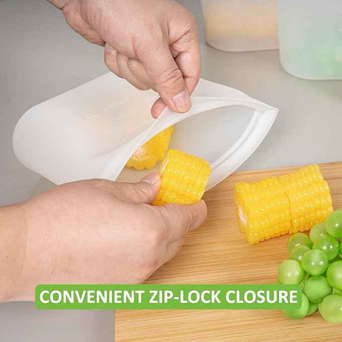 Reusable Storage Bag, 8 Pack 100% Silicone Food Storage Bags Stand Up Silicone Zip Lock Bags for Food Container, Freezer Microwave Oven Dishwasher Safe, 4 Large 2 Medium 2 Small, Translucent