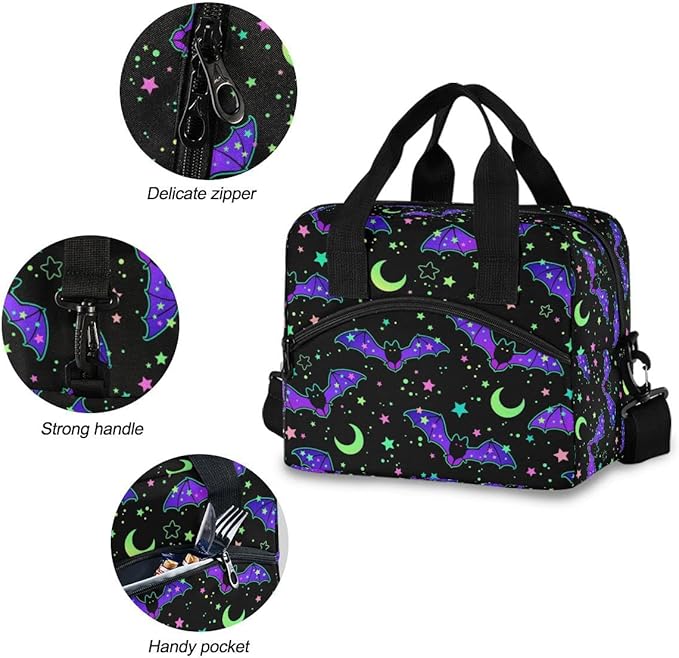 MNSRUU Insulated Lunch Bag with Adjustable Shoulder Strap - Magic Galaxy Bat Lunch Box Tote for Work, School