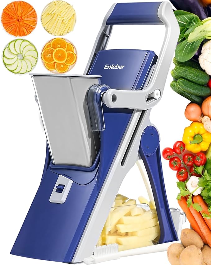 Safe Mandoline Slicer Upright Vegetable Chopper-Julienne Dicer for Kitchen, Potato Slicer, Adjustable Vegetable Cutter with Container, Multifunctional 6 in 1 Food Chopper (Dark Blue)