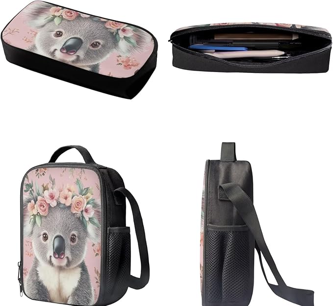 Dolyues Pink Flower Koala Girls 3-Piece Set: 17 Inch Laptop-Compatible Backpack, Leak-Proof Lunch Bag & Pencil Pouch - Extra Padding & Anti-Lost
