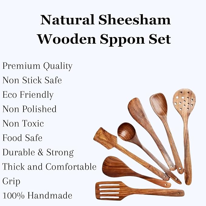 7 Pcs Natural Sheesham Wooden Kitchen Utensil Set with Spoon Rest - Smooth Finish & Soft Comfort-Grip Wood Spoons for Cooking - Nonstick Serving Cookware Kitchen Gift Set - 35.56 Cm