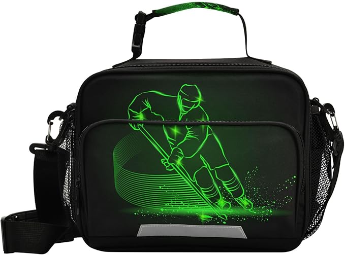 Pfrewn Hockey Player Lunch Box for Kids School Students Green Neon Hockey Sport Insulated Lunch Bag with Shoulder Strap for Office Adults Reusable Cooler Bags Lunch Tote