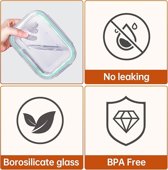 HOMBERKING 8 Pack Glass Food Storage Containers with Lids, Meal Prep Containers, Airtight Bento Boxes with Leak Proof Locking for Microwave, Oven, Freezer and Dishwasher, BPA Free, 5-35oz, light blue