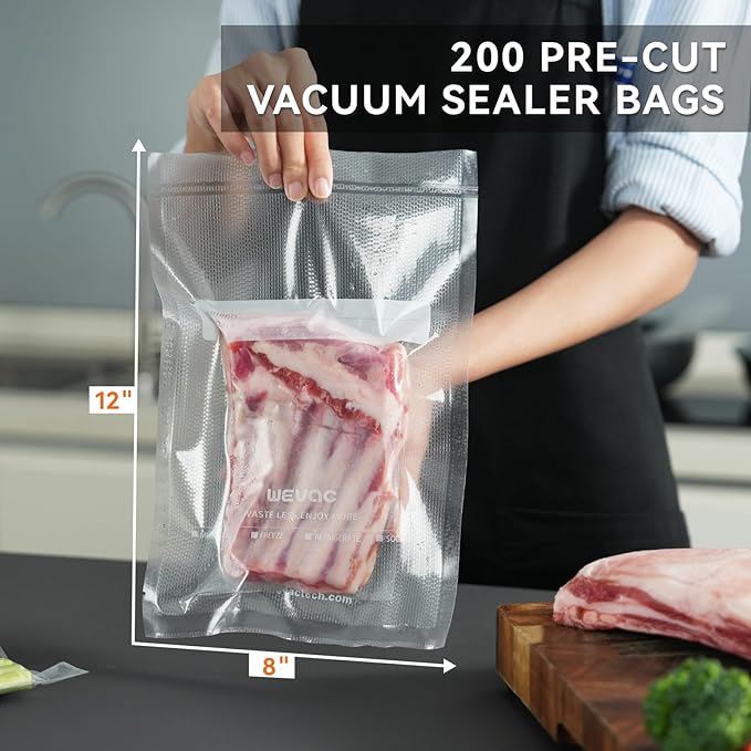 8" x 12" Precut Vacuum Sealer Bags, 200 Count, Includes 5 Liquid Block Bags & 5 Bone Guard Pieces, Heavy Duty for Food Storage, Sous Vide & Meal Prep, Wevac