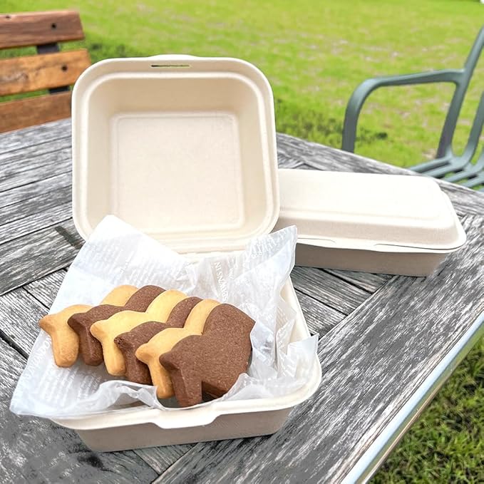 Clamshell Kraft To Go Containers - (50 Pack) 6" X 6" Food Take Out Bagasse Fiber Pulp Compostable Disposable Boxes With Lids For Burger Salad Sandwich Steak Parties