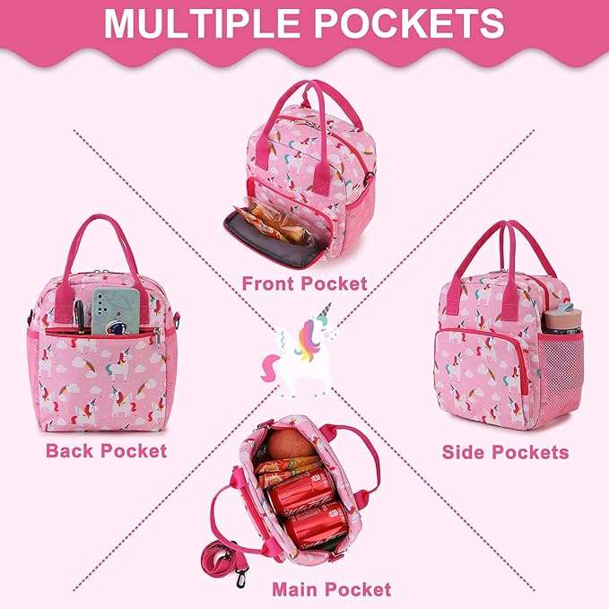 RAVUO Unicorn Lunch Bag for Girl Insulated Cute Girls Lunch Box for Kids Reusable Lunch Tote with Detachable Shoulder Strap Plush