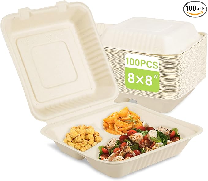Greensight Compostable Take Out Container 8x8, Disposable To Go Food Boxes With 3 Compartments, Biodegradable Clamshell Container, Eco-Friendly Made From Sugarcane Fibers