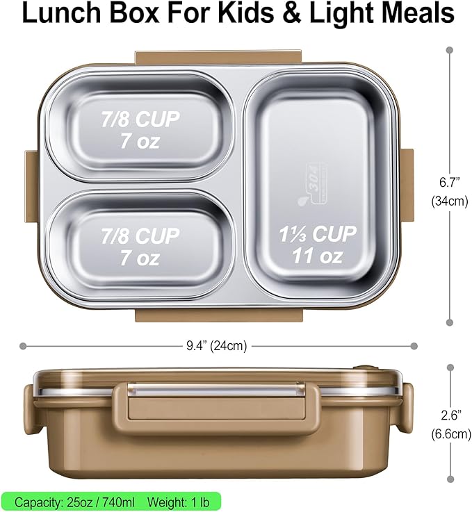 Stainless Steel Lunch Box for Kids & Adults - 25 oz - Leakproof 3 Compartment Metal Lunch Container - 18/8 Stainless Steel Bento Box - Ideal for School, Office & Outdoor - Dishwasher Safe (Khaki)