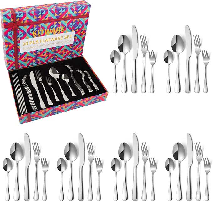30 Pieces Flatware Set, Stainless Steel Cutlery Silverware Set Service for 6, Kitchen Utensil Set, Home Tableware Set, Include Knives Spoons Forks