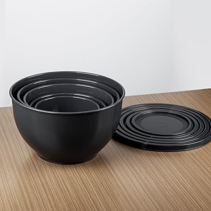 5-Piece Plastic Mixing Bowls with Lids Set for Kitchen, Nesting Bowls for Mixing, Baking, Prepping, Cooking and Serving Food, Grey Mixing Bowls Dishwasher, Microwave Safe