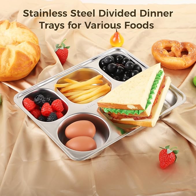 OMISTAR 8 Pcs Stainless Steel Divided Plates, Rectangular 5 Sections Portion Control Plates, Metal Food Tray for Lunch, Dinner, Campers, Picky Eaters, Unbreakable Lunch Container without Mixing Foods