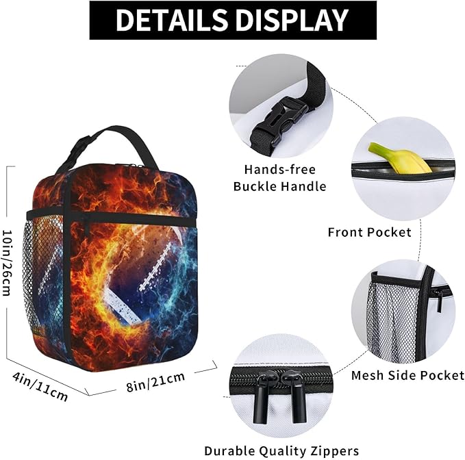 SARA NELL Colorful Fireball Football Lunch Box American Football Lunch Bag Insulated Reusable Portable Lunch Tote Cooler Bag for Women Men Teens Kids, Office Work School Travel Lunchbox