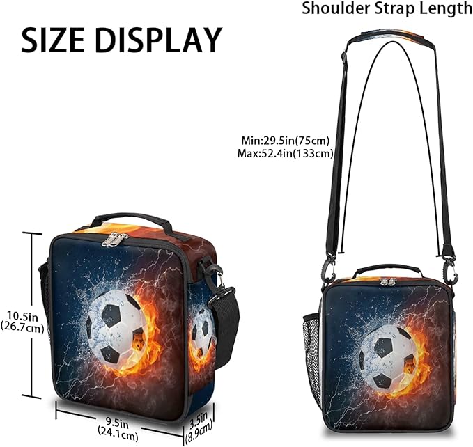 Bardic Fire Soccer Ball Lunch Box for Kids, Sports Football Insulated Bag Boys Girls, Reusable Waterproof with Adjustable Shoulder Strap Cooler Tote School, Work, Picnic, One Size