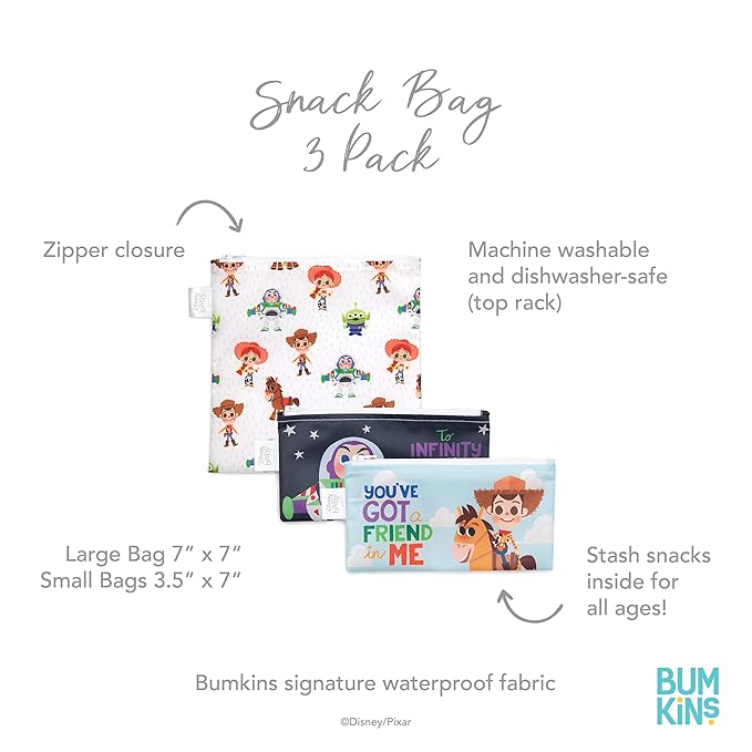 Bumkins Sandwich BagsSnack Bags, Disney Reusable, Washable, Food Safe, BPA Free, Toy Story, Pack of 3