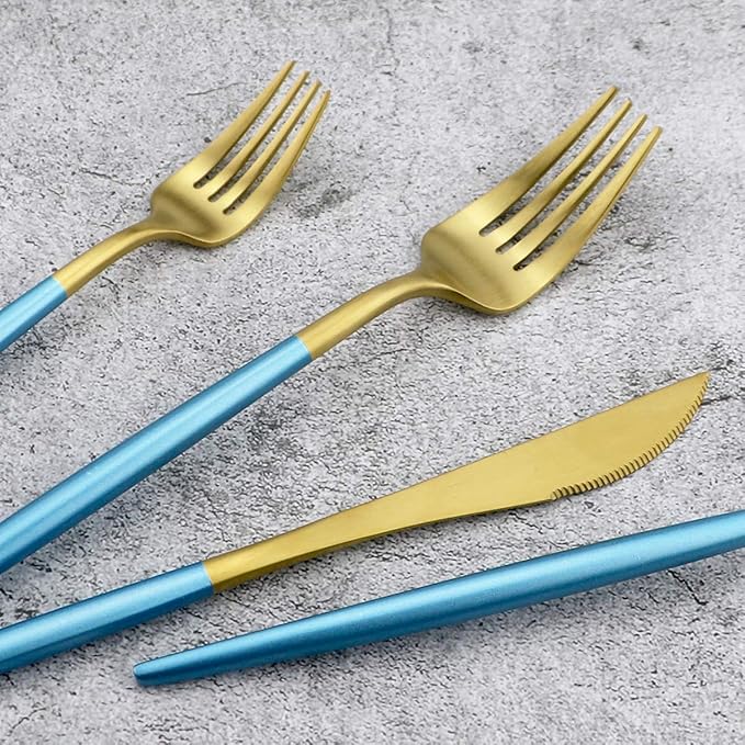Blue Handle Matte Gold Silverware Set - 5-Piece 18/10 Stainless Steel Satin Finish Flatware, Kitchen Utensils, Tableware Travel Cutlery for Camping, Office, School Lunch - Dishwasher Safe