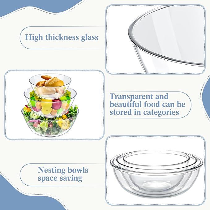 Domensi 3 Pcs 6.5 Qt, 4.8 Qt, 2.9 Qt Large Glass Mixing Bowls Clear Glass Salad Cooking Bowls for Kitchen Salad Bread Storage, Dishwasher, Freezer, Microwave