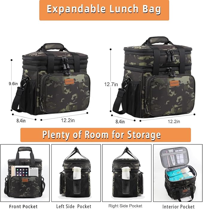 Expandable XLarge Lunch Box, Insulated Heavy Duty Lunch Bag Waterproof Leakproof Durable Cooler Bag for Men Women Adults Work Construction Camping Trip, 22L, Black-Camo