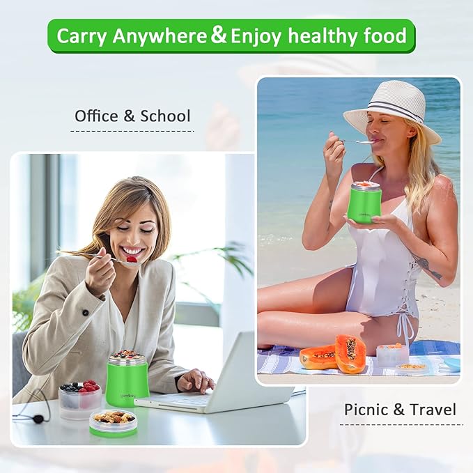 Yogurt Container, Insulated Food Container, 2 In 1 Cereal Cup On The Go,Stainless Steel Insulated Food Jar With Spoon,28oz Thermal Lunch Pot For Soup Yogurt Salad Breakfast Milk Fruit (Green)