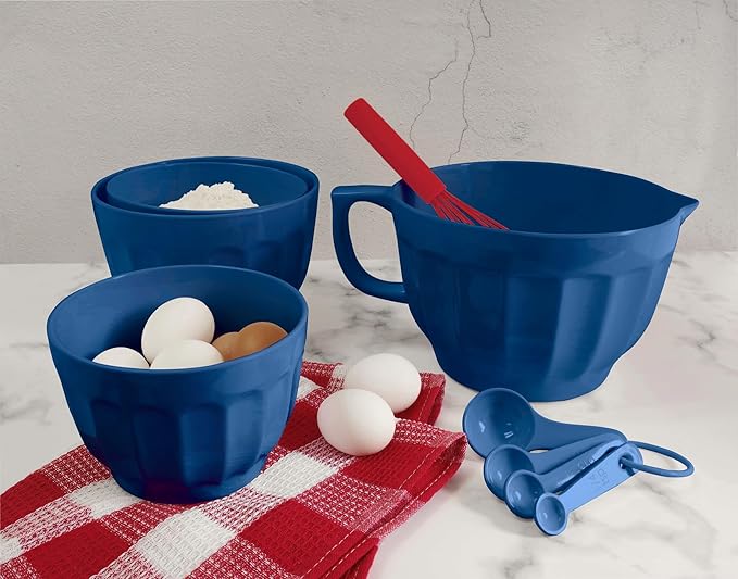 UPware Latte Style Melamine Batter Bowl with Pour Spout, Handle and Non-Slip Base, Grip Handle for Easy Mix and Pour, Home Essentials Cooking and Baking Tools, 4.3 quart, 11.5 x 8.75 Inch, Navy
