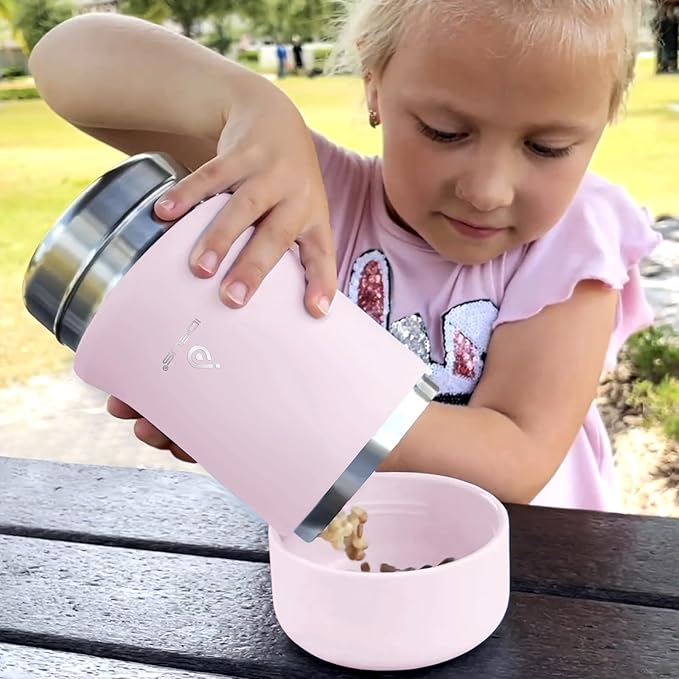 Ideus 20 oz Insulated Soup Thermo with Foldable Spolk and Bowl, All-in-one Stainless Steel Vacuum Thermal Food Jar for Lunch, Leakproof Bento Lunchbox Portable Soup Container (Light Pink)