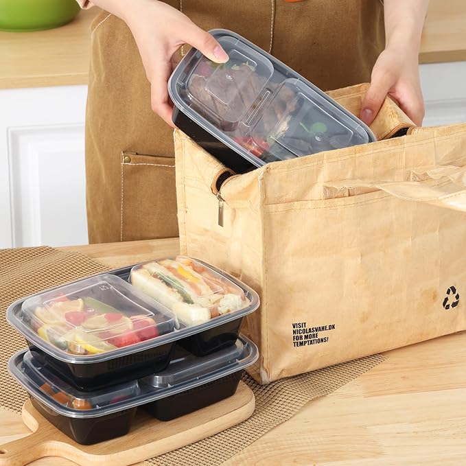 Moretoes 50 Pack 32oz Meal Prep Containers Reusable 2 Compartment Food Storage Containers with Lids Plastic Stackable To Go Boxes Microwave, Freezer, Dishwasher Safe