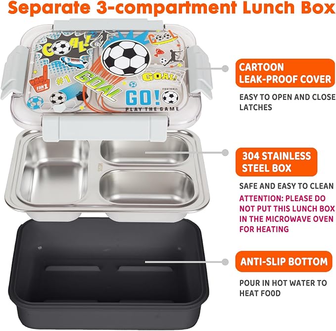 Stainless Steel Bento Lunch Box for Kids, 710 ml/23.5 oz BPA-Free Leak-Proof Food Containers with 3 Compartments, Back to School Students Daycare Lunches Snack Container Size for Ages 3-7