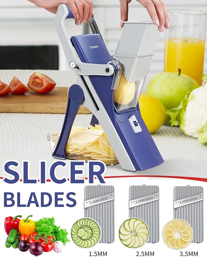 Safe Mandoline Slicer Upright Vegetable Chopper-Julienne Dicer for Kitchen, Potato Slicer, Adjustable Vegetable Cutter with Container, Multifunctional 6 in 1 Food Chopper (Dark Blue)