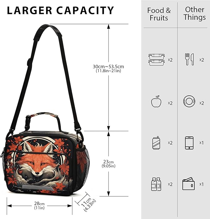 MNSRUU Student Lunch Bag Fox and Flowers Insulated DinnerTotes Picnic Bag Lunch Box with Adjustable Shoulder Strap for Teen Kids Adults