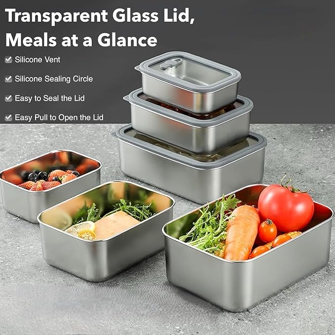Stainless Steel Food Storage Containers-3Pcs Leakproof, Airtight Stainless-Steel Bowls with Lids, Freezer/Dishwasher/Microwave Safe Containers, Durable & Stackable Stainless Steel Containers with Lids