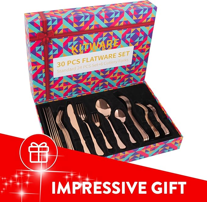 30 Pieces Rose Gold Silverware Set, Stainless Steel Rose Gold Cutlery Flatware Set Service for 6, Home Kitchen Utensil Sets Tableware for Restaurant and Party
