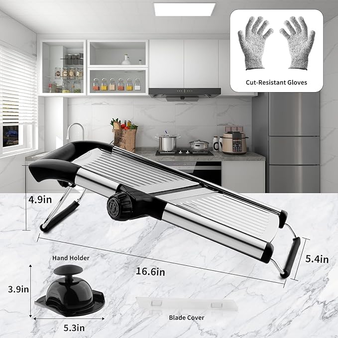 VEKAYA Mandoline Slicer,Mandoline Food Slicer for Kitchen,Mandolin,Potato,Vegetable Chopper,Adjustable Stainless Steel Veggie Onion Tomato Julienne Cutter with Cut-Resistant Gloves