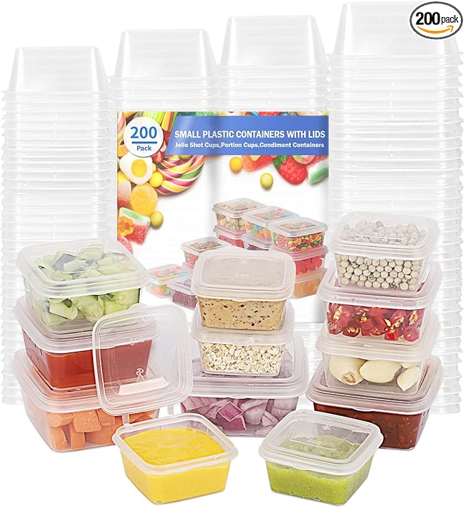2/3/4/5oz Food Storage Containers with Lids Kits (200 pack), Small Plastic Containers with Lids, Disposable Condiment Portion Cups, Jello Shot Sauce Cups (Square)