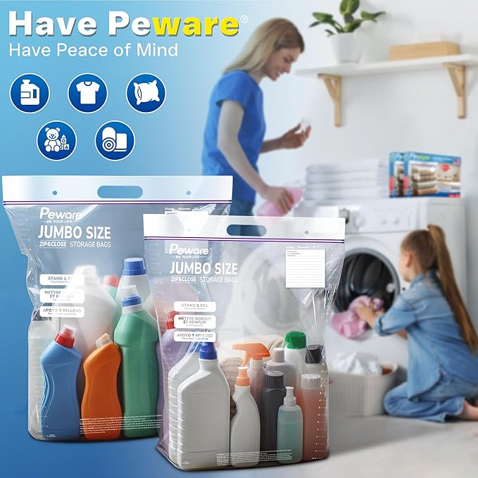 Jumbo Plastic Storage Bags, Extra Large 20Gallon Resealable Zipper Lock Seal Bags for Bedding, Clothes, Travel, and Food, Moving Totes, 24"x34", 5 Pack