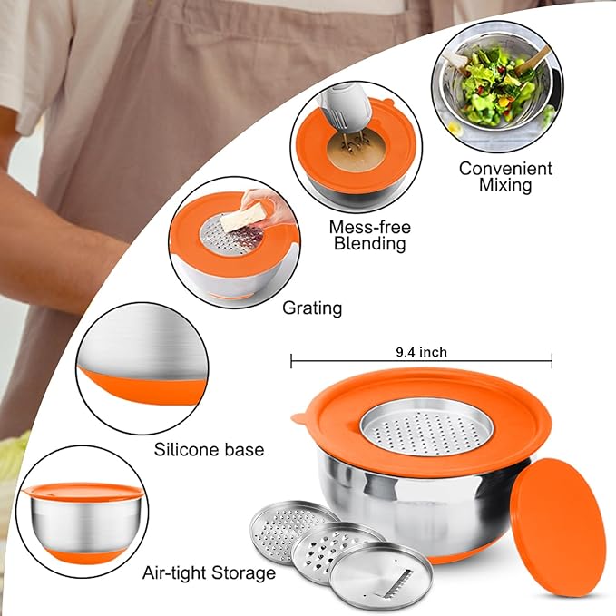 Menbyci 6 Pcs Mixing Bowls with Lids,Stainless Steel Mixing Bowls Utensils with 3 Grater Attachments,Non-Slip Bottoms,Mixing Bowl Set for Kitchen Mixing Baking Prepping Cooking Serving,Colorful