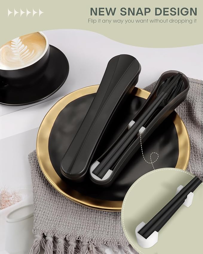 2 Pack Travel Utensils with Case, PHILIPALA Portable Reusable Silverware Set for Lunch Work Picnic, 18/8 Stainless Steel Camping Cutlery Set Includes Fork Spoon Chopsticks(Black)