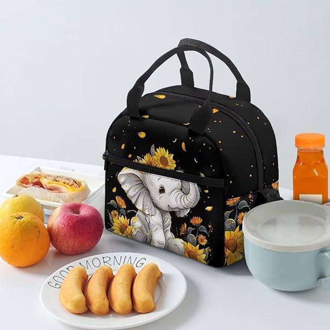 Showudesigns Sunflower Elephant Lunch Box for Girls Kids Insulated Lunch Bag Reusable Shopping Bag Keep Food Cold and Warm Crossbody Tote Bags Cute Lunchbox Travel Picnic Organizers