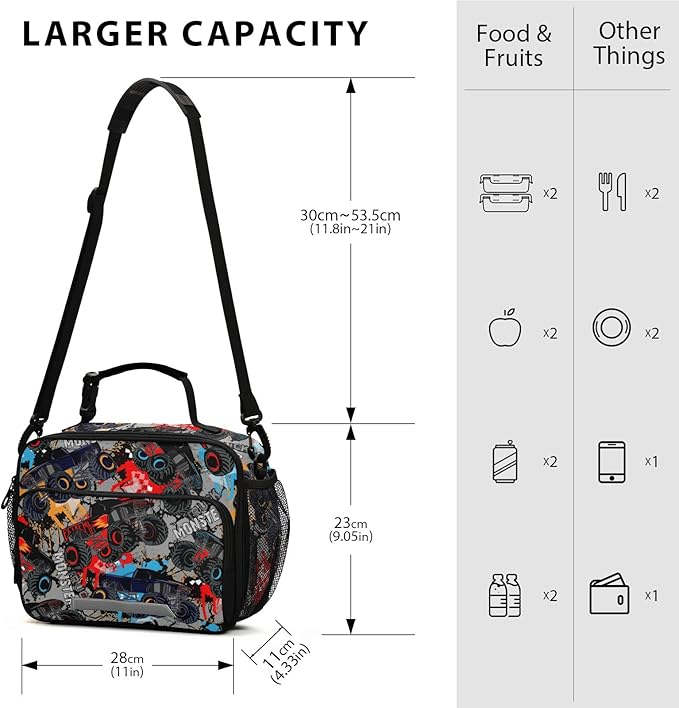 Pfrewn Monster Truck Car Grunge Lunch Box for Kids Adults Insulated Lunch Bag with Shoulder Strap Reusable Cooler Bags Lunch Tote for Office School Girls Boys Teens