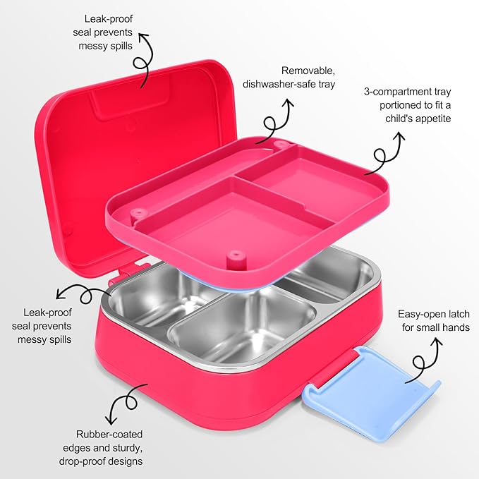 Stainless Steel Lunch Box Leakproof 1000ml Bento Box with 3-Compartment Removable Tray, Eco-Friendly Food Container for Kids & Adults, Office, Travel, BPA Free (RoseRed)