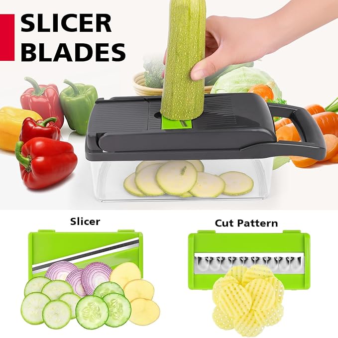 Vegetable Chopper Mandoline Slicer,Veggie Chopper, Multifunctional 13 in 1 Food Choppers, Kitchen Vegetable Slicer Dicer Cutter,Onion Mincer,Colander Basket,Kitchen Gadgets (Gray/Green)