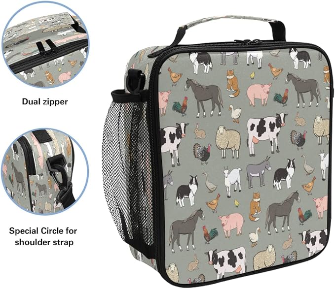 Nander Cartoon Farm Animals Lunch Box for Girls Kids Cooler Insulated Lunch Tote Bag with Shoulder Strap for School