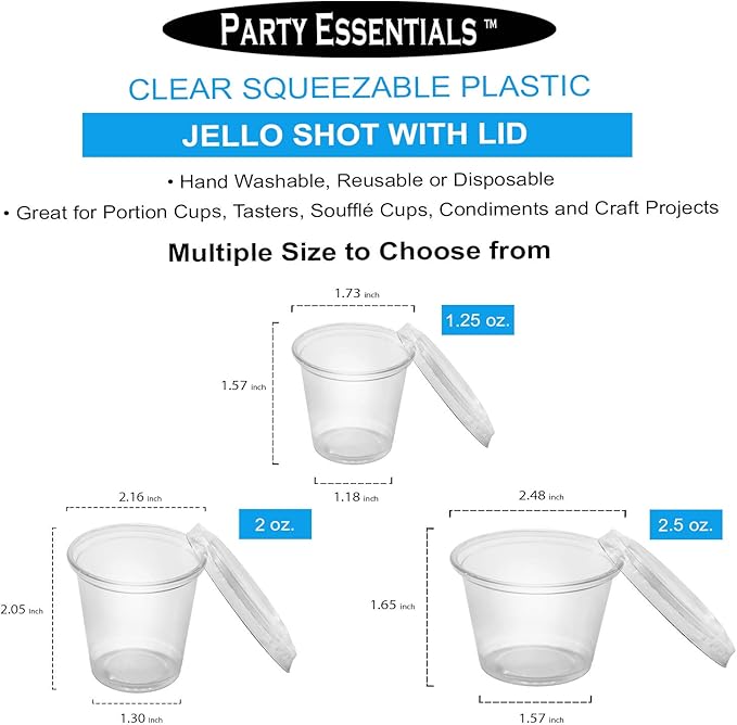 Party Essentials Squeezable Plastic Gelatin/Jello Shot Glasses/Portion Souffle Cups/Condiment Sauce Containers with Lids, 300 Sets, 2.5 oz. Clear