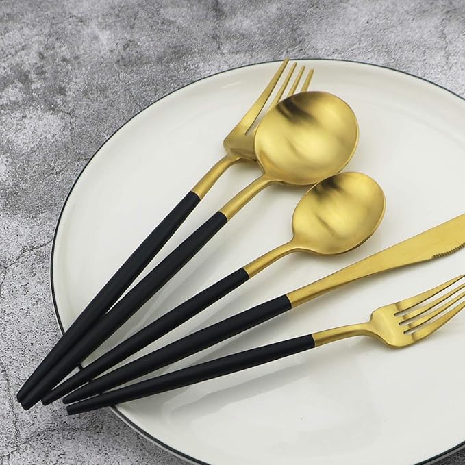 20-Piece 18/10 Stainless Steel Flatware Silverware, Luxury Dinnerware Set Travel Cutlery Tableware Include Knife Fork Spoon Service for 4, Dishwasher Safe (Black Handle Matte Gold)