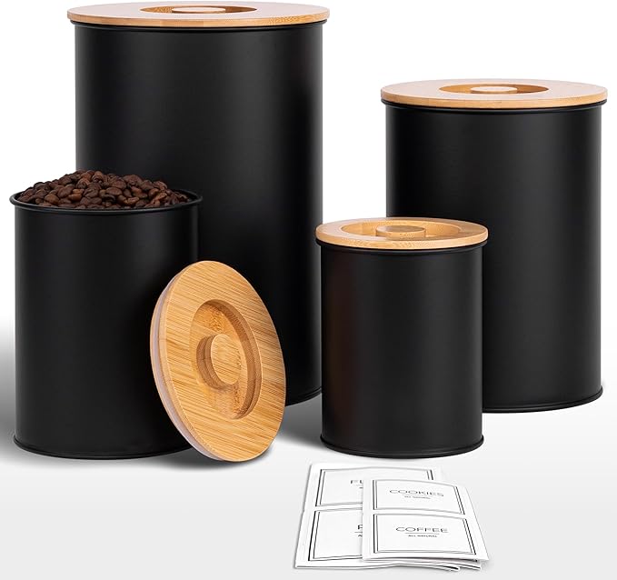 Canisters Sets for Kitchen Countertop, Black Metal Kitchen Canisters Set of 4, Flour and Sugar Storage Containers with Airtight Bamboo Lid and Stickers, Coffee and Tea Storage, Farmhouse Decor