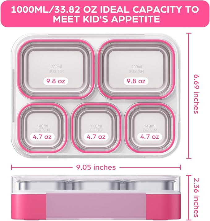 Stainless Steel Bento Lunch Box for Kids Adult - Leakproof BPA-Free School Lunch Container with 5 Compartment and Lunch Bag Set for Toddler Child Bento Box (Pink)
