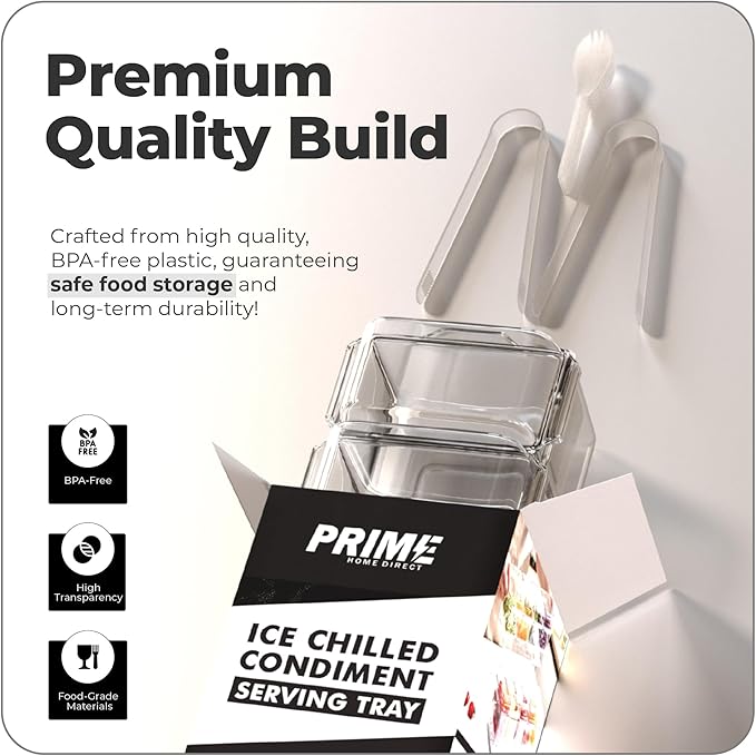Prime Home Direct Ice Chilled Condiment Caddy | 5 Containers & 5 Lids | BPA Free | Hosting Party Supplies Serving Tray Platter | Buffet, Food Server, Fruit, Garnish, Mimosa, Salad, Taco Bar Organizer