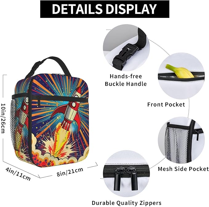 Insulated Lunch Box for Kids Boys Girls, Reusable Lunch Bag for School, Office, Work, Picnic, Travel, Space Rocket Launch Lunch Box
